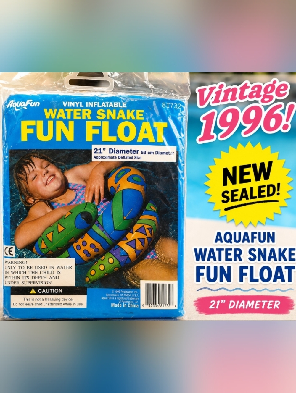 #4016 Vintage 1996 AquaFun 21" Water Snake Fun Float Kids Pool Ring